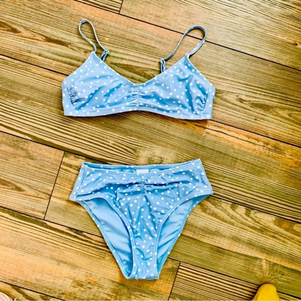 Pale blue polka dot bikini